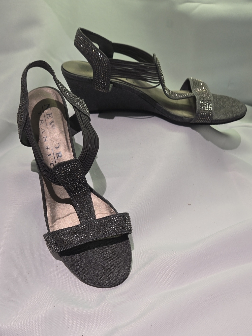 New York Transit Gunmetal Rhinestone Slingback Heels Womens Size 9.5